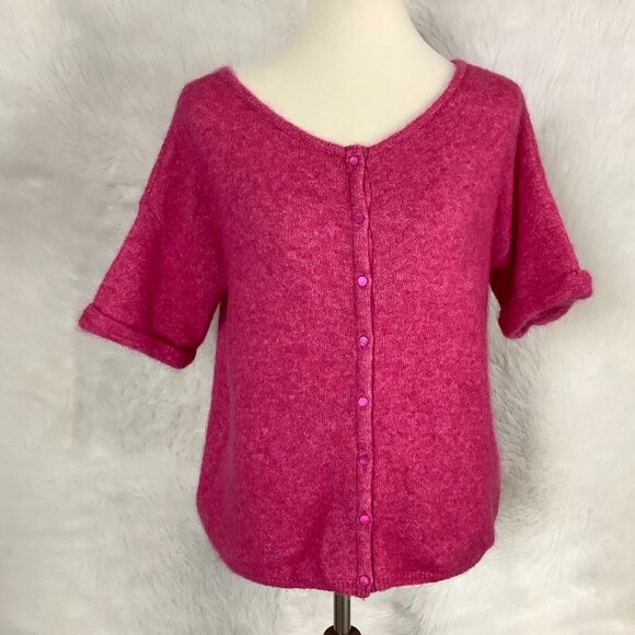 Sezane Sweaters - Sezane Paco Pink Button Front Kid Mohair Merino Wool Short Sleeve Sweater